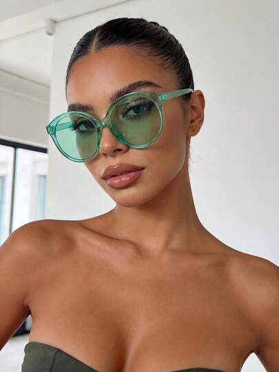 Cute Retro Round Large Frame Transparent Pink Fashion Fashion Glasses For Women, Plastic Casual Decorative Daily Wear