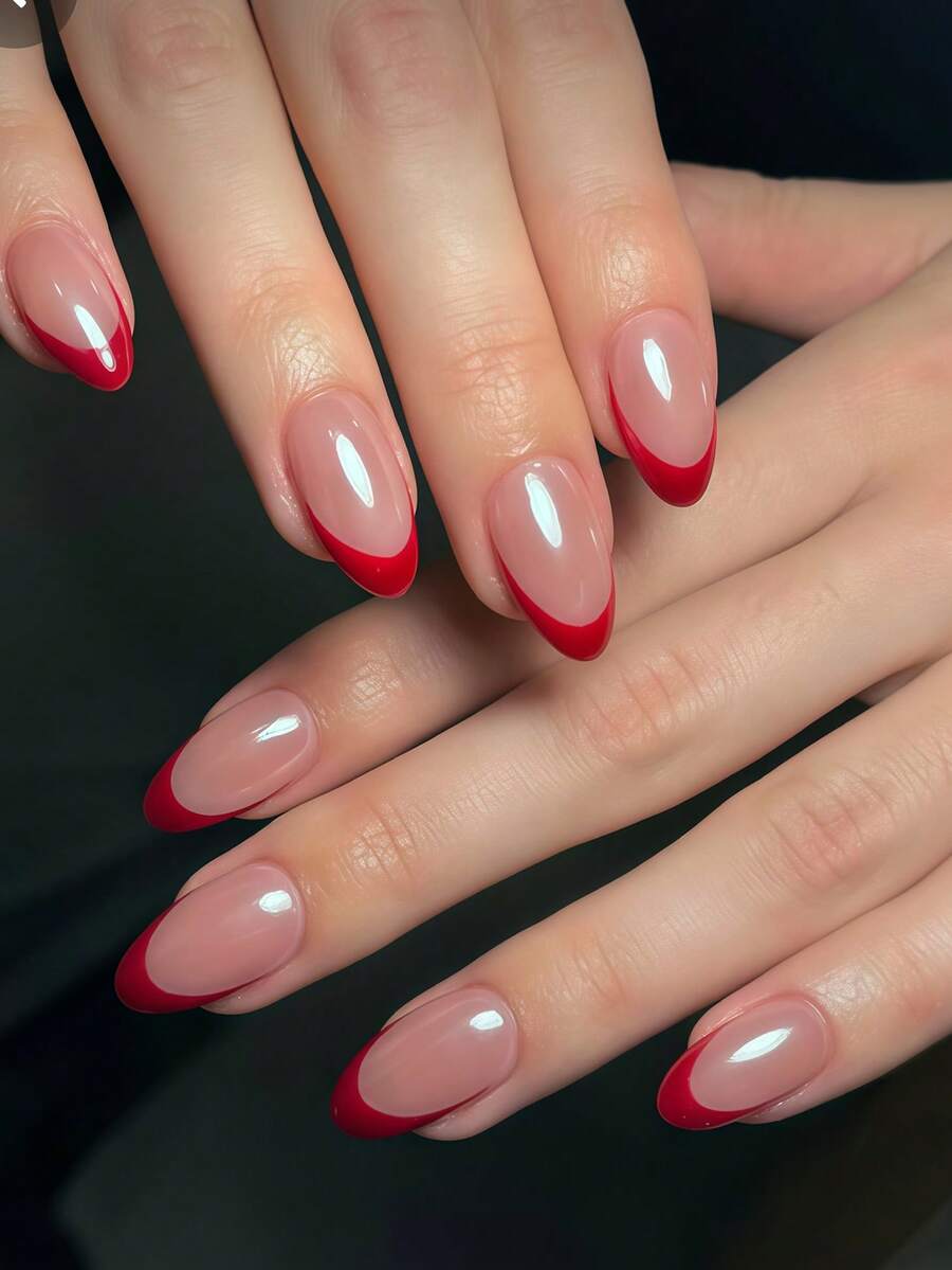 24片中号杏仁形珍珠色法式美甲贴片，优雅迷人的酒红色珍珠法式美甲贴片，奢华红色条纹法式美甲贴片，闪亮珍珠色法式美甲贴片，全覆盖假指甲，适合女性和女孩，包含1片粘性贴纸和1个迷你指甲锉，随机发货 - 紅色 - 查看 1