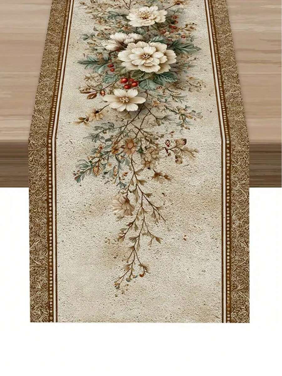 1pc European Floral Table Runner, Elegant Palace Style All-Season Tablecloth, With Classic Jacquard Print, Long Fresh Floral Pattern Polyester Tablecloth, Suitable For Festive Occasions And Living Room Decor (33x90/120/160/183/200cm) - Apricot - View 1