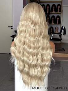 长款金棕色渐变假发，长卷曲波浪合成蕾丝前假发，中分，13X4，蓬松深波浪灰金色假发，女士款 - 彩色 - 查看 6