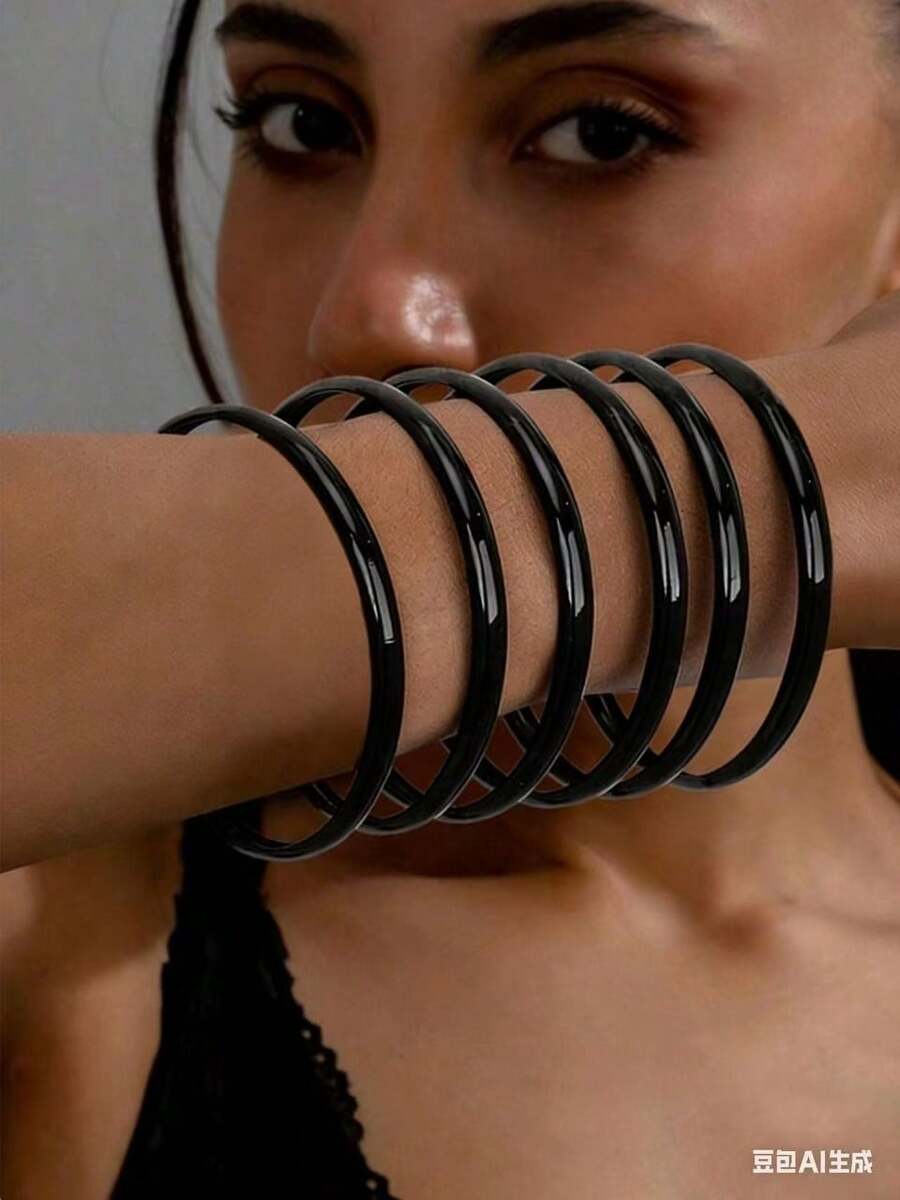 6件套波西米亚风优雅简约时尚手镯套装，黑色光滑表面，哥特朋克风，适合派对、假日、节日等场合。 - 黑色 - 查看 1