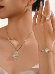 5 pezzi Set di gioielli da sposa placcato oro 18K, realizzato a mano con zirconia cubica bianca, incluso collana, bracciale, orecchini, anello, adatto per uso quotidiano e matrimonio, regalo per anniversario di matrimonio - Champagne - Visualizzare 9