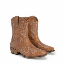 Women's Cowboy Western Boots Embroidered Stitched Square Toe Chunky Heel Short Ankle Booties With Zipper - Cà phê nâu - Xem 7