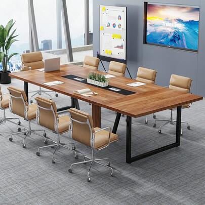  LITTLE TREE 8FT Conference Table For 10 People, Large Meeting Table, Modern Wooden Conference Room Table With Cable Management, Business Style Training Table With Strong Metal Legs For Office, Brown