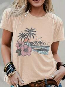 Tropical Sunset And Hibiscus Flower Print Women's Blend T-Shirt - Suitable For Vacation Wear, Casual Summer Beach Style, Fashionable Graphic Blend T-Shirt - 杏色 - 查看 1