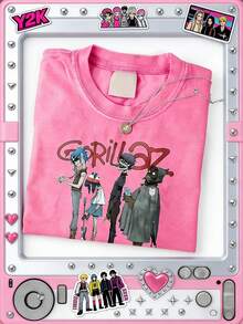 Vintage 90s Y2K Graphic Cotton T-Shirt - Distressed Washed Brown Crew Neck Tee For Men & Women, Punk Rock Music Band Design, Casual Summer Wear - 玫紅色 - 查看 1