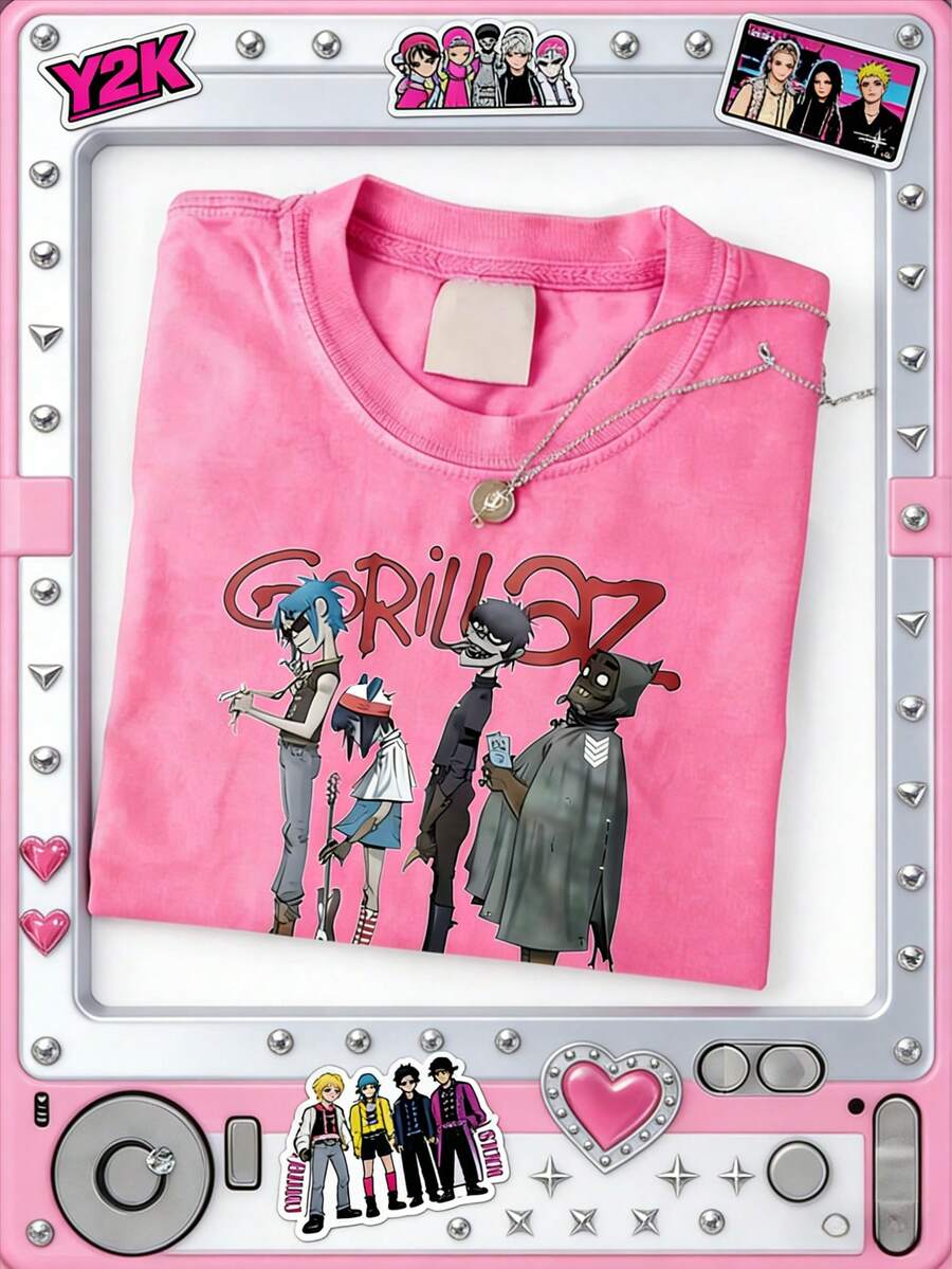 Vintage 90s Y2K Graphic Cotton T-Shirt - Distressed Washed Brown Crew Neck Tee For Men & Women, Punk Rock Music Band Design, Casual Summer Wear - 玫紅色 - 查看 1