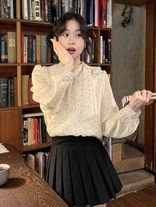 女士甜美法式波点雪纺衬衫，带蝴蝶结侧肩带，通勤休闲装，夏季 - 杏色 - 查看 3