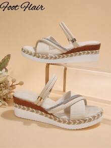 Foot Flair Sandal đế xuồng platform đế đay quai đan hở ngón cho nữ size lớn, phong cách đi biển nghỉ dưỡng, thời trang xuân hè đa năng thoải mái kiểu La Mã - Màu be - Xem 6