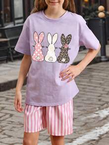 1pc Cute Rabbit Print Short Sleeve T-Shirt For Tween Girls, Young Student Summer Clothing Top - Purple - View 2