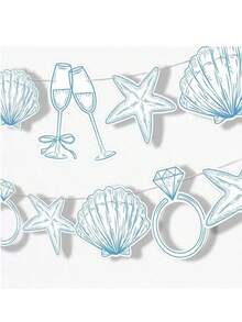 一套“海岸最后的祝酒”横幅，蓝色沙滩新娘或单身派对装饰，贝壳、香槟杯、结婚戒指形状的纸质沙滩贝壳派对横幅，海洋派对装饰，天然贝壳、海星、海螺主题纸板横幅，适合夏季沿海沙滩海洋主题生日派对、婴儿派对用品 - 多色 - 查看 4