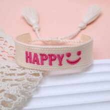 1 pieza Pulsera tejida con cara sonriente "FELIZ" hecha a mano, regalo de fiesta minimalista vintage y lindo, accesorio bohemio para vacaciones y viajes - Albaricoque - Ver 2