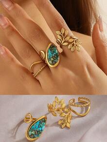 3pcs Set Stainless Steel 18K Gold Plated Minimalist Geometric Leaf Line Design Rings, Suitable For Women's Daily Wear - Gold - View 6