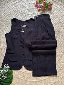 Set Of Vest And Trousers In Marrante Linen Fabric. - 黑色 - 查看 1
