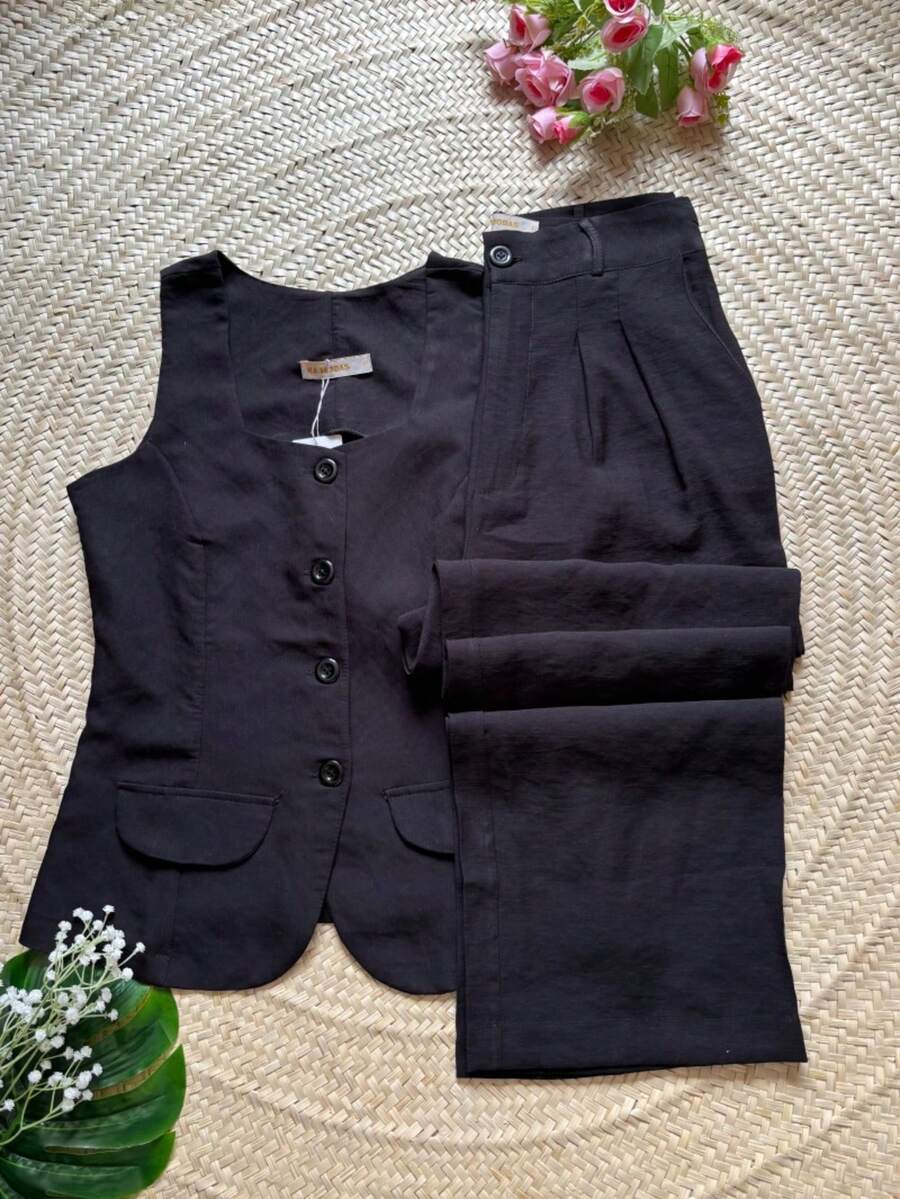 Set Of Vest And Trousers In Marrante Linen Fabric. - 黑色 - 查看 1