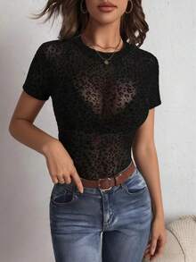 Women's Summer Mesh Short Sleeve Top, Round Neck Elegant Sexy Sheer T-Shirt; Leopard Print Sexy Fitted Camisole Top; Women's Black Animal Print Fashionable Sexy Flocked Semi-See-Through Short Sleeve Top, Suitable For Daily Wear, Street, Singles Party, Travel Casual - Black - View 4
