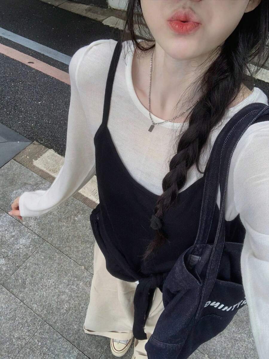 女士休闲二合一长袖T恤，修身抽绳打底衫，春夏款 - 黑與白 - 查看 1