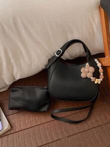 Fashionable Solid Color Retro Multifunctional Handbag, Niche Design Simple Texture Daily Crossbody Bag, Large Capacity Shoulder Bag With Flower Pendant, Suitable For Shopping, Commuting, Daily Outdoor Work Matching, Etc - Black - View 10