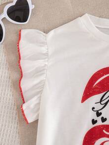 2 pièces/set Top sans manches imprimé de dessin animé décontracté et pantalon droit à volants et nœud décoratif pour filles, printemps/été - Rouge - Voir 4