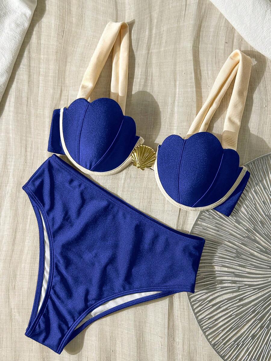 Bikinx 女士优雅度假贝壳杯撞色滚边细钢圈泳衣，夏季海滩 - 藍色 - 查看 1