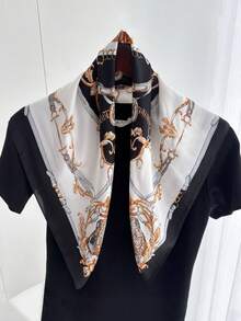 1条70*70厘米方形丝巾，女士缎面印花头巾，包巾，发带，时尚女士头巾，披肩，围巾，女士领巾，头巾，服装配饰 - 黑白鏈條 - 查看 2