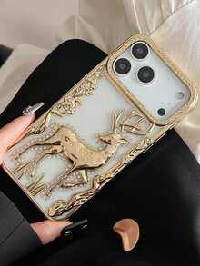 Luxury 3D Deer Sequin Rhinestone Plated Transparent Phone Case, Suitable For IPhone 17 Pro Max/17/16/15/14/13/12 Pro Max, Fashionable Shock-Proof Protective Cover - Gold - View 2