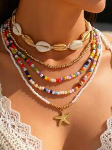 1 Set Fashionable Bohemian Style Holiday Shell Beaded Woven Necklace & Bracelet, Paired With Starfish Pendant And Polymer Clay Bead Combination Jewelry, Suitable For Women's Daily Wear - Multicolor - View 2