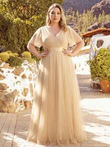 EVERPRETTY 优雅雪纺褶皱胸部高腰香槟色伴娘礼服，春夏婚礼宾客正式礼服，新娘母亲婚礼派对礼服 - 香檳色 - 查看 5