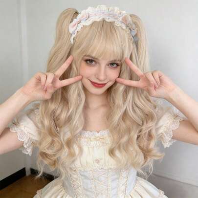 Lolita Wig, Ash Gray Roman Curls Lolita Clip-On Double Ponytail Full Head Set, Export Quality
