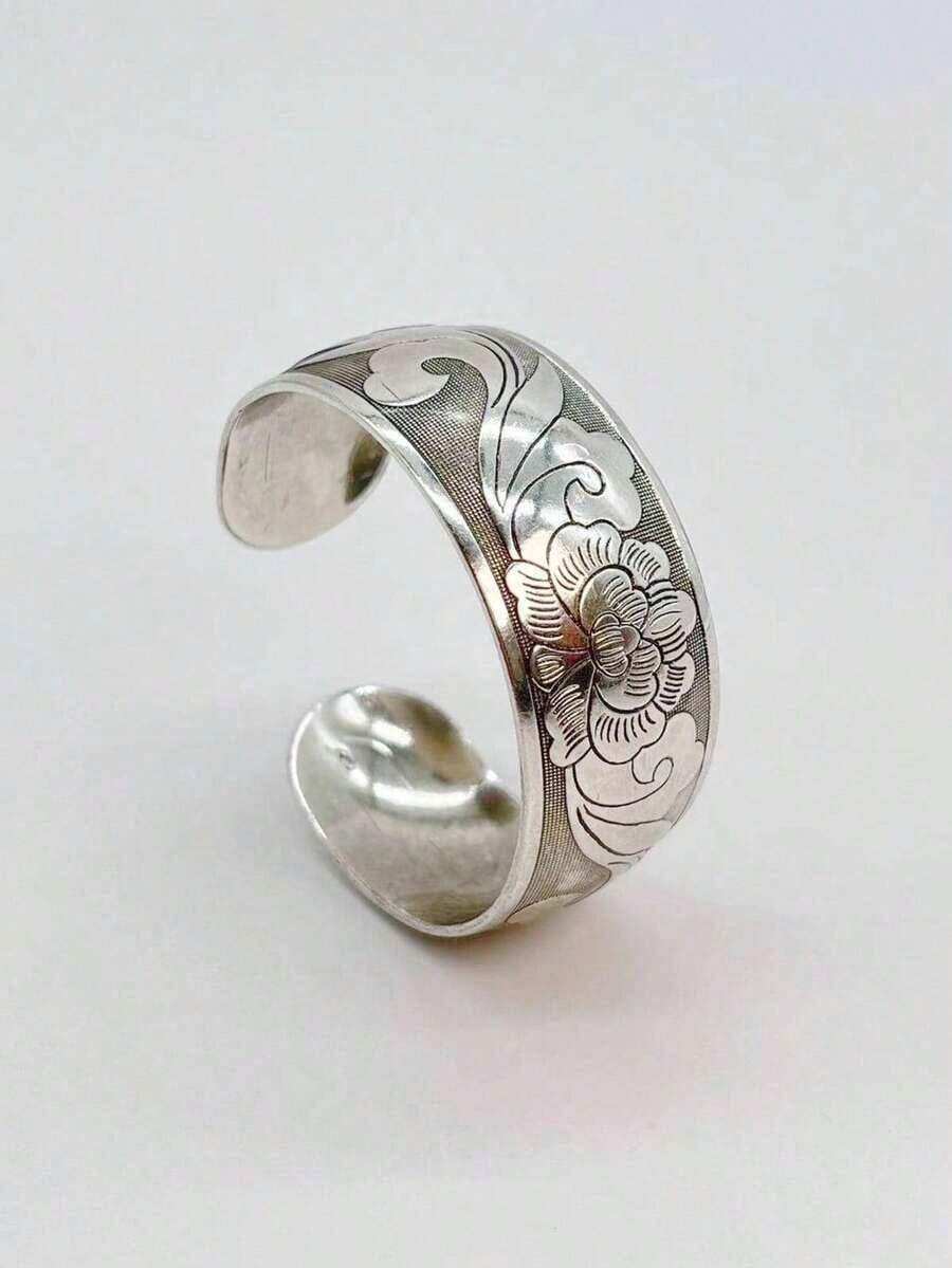 Valentine'sdayVintage Flower Decor Cuff Bangle Women Daily Decoration Valentines - Antique Silver - View 1
