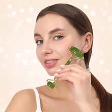 Juego de Gua Sha de jade natural, rodillo facial de cuarzo rosa para mujeres, masajeador facial de jade, herramienta de cuidado y belleza, spa y autocuidado, herramienta de masaje de elevación facial, suministros de esteticista, rodillo de masaje facial, artículos de belleza esenciales - Verde - Ver 8