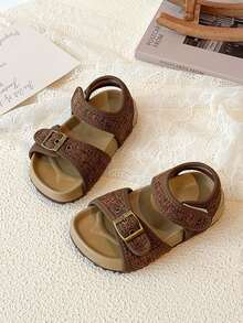 2026夏季新款女童编织凉鞋，魔术贴柔软防滑透气沙滩鞋，幼儿及小童休闲鞋 - 棕色 - 查看 2