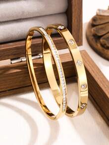 奢华闪亮四叶草锆石不锈钢女士手链，适合多种场合 - 金黃色 - 查看 7