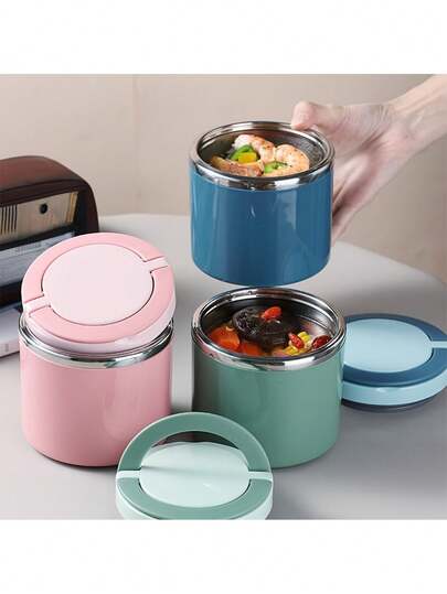 Stainless Steel Insulated Lunch Box With Lid And Handle, Suitable For Rice, Round Sealed Large Capacity Breakfast Cup, Applicable For Camping, Picnic, School, Office And University, Hot-Selling Low-Price Insulated Lunch Box, Insulated Meal Box, Durable And Easy To Clean Stainless Steel Material