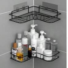1/2pcs Triangle Wall Mounted Storage Rack, Hole-Free Bathroom Shelf, Shower Caddy With Hooks, Suitable For Wall Mount Near Sink, Bathroom Decor And Accessories, Practical Shelf - Black (2) - View 2