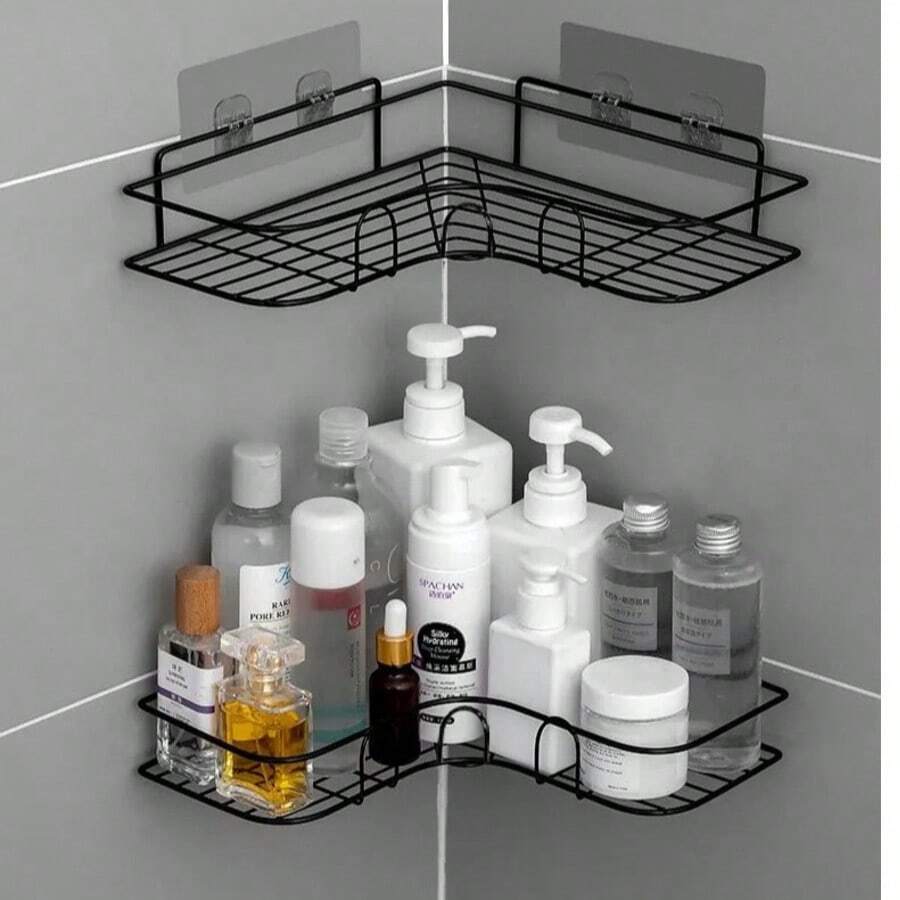 1/2pcs Triangle Wall Mounted Storage Rack, Hole-Free Bathroom Shelf, Shower Caddy With Hooks, Suitable For Wall Mount Near Sink, Bathroom Decor And Accessories, Practical Shelf