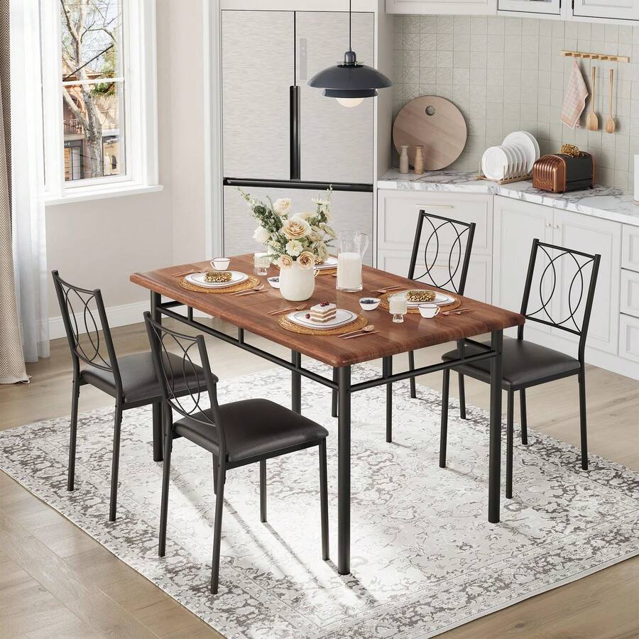 Juego de Mesa de Comedor para 4, pequeña Mesa de Cocina con sillas tapizadas, sillas de Comedor de Madera de Granja para Sala de Cocina, Espacios pequeños, Departamento - Nuez - Ver 1