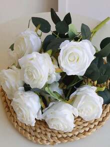 Bó hoa hồng giả bằng lụa gồm 10 cành, thích hợp để trang trí nhà cửa, văn phòng, tiệc tùng và đám cưới. - trắng - Xem 8