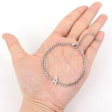 1 pieza Pulsera de cadena cubana de acero inoxidable con inicial plateada simple y clásica para hombres - Plateado - Ver 3