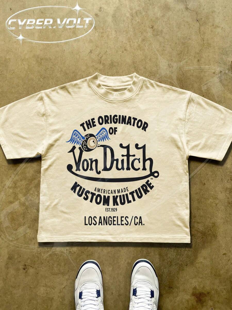 Dutch Manfinity Y2K Style Print (180g Pure Cotton T-Shirt) Cotton T-Shirt - Soft And Breathable, Green Print 100% Pure Cotton Fabric - Comfortable And Vibrant Summer Streetwear Short-Sleeved T-Shirt, Cool Motorcycle Design, Vintage Summer Men's Everyday Wear T-Shirt - Màu be - Xem 1