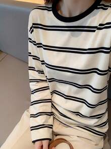 Black & White Contrast Striped Women Long Sleeve Casual T-Shirt, Loose Fit Romantic For Holiday & New Year - 2A37 Black Apricot Strips - View 4