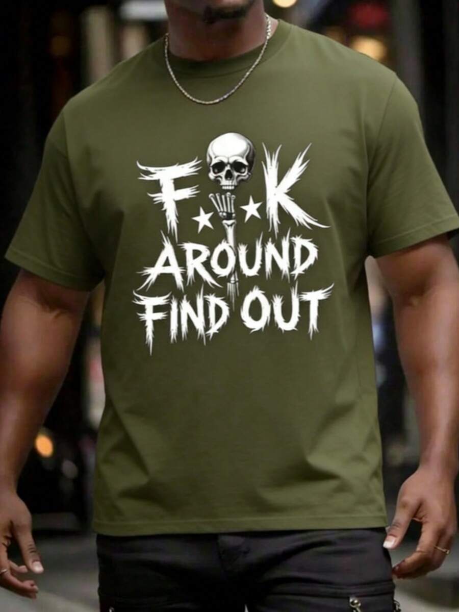 Men's "FK Around And Find Out" Graphic T-Shirt-Cotton Casual Tee With Skull & Stars Print, For Summer, Sports, Travel & Casual Attire Leisure Clothing - 軍綠色 - 查看 1
