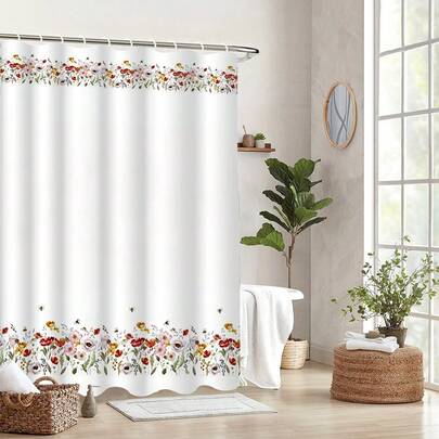1pc Floral Pattern Shower Curtain, Butterfly Pattern Shower Curtain, Colorful With Hooks, Watercolor Floral Bathroom Decoration, Beautiful Colorful Wildflowers, With 12 Hooks
