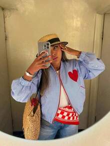 Women's Autumn New Blue Striped Heart Patch Contrast Color Jacket, Casual Commuting Vacation Style Jacket - 藍色 - 查看 1