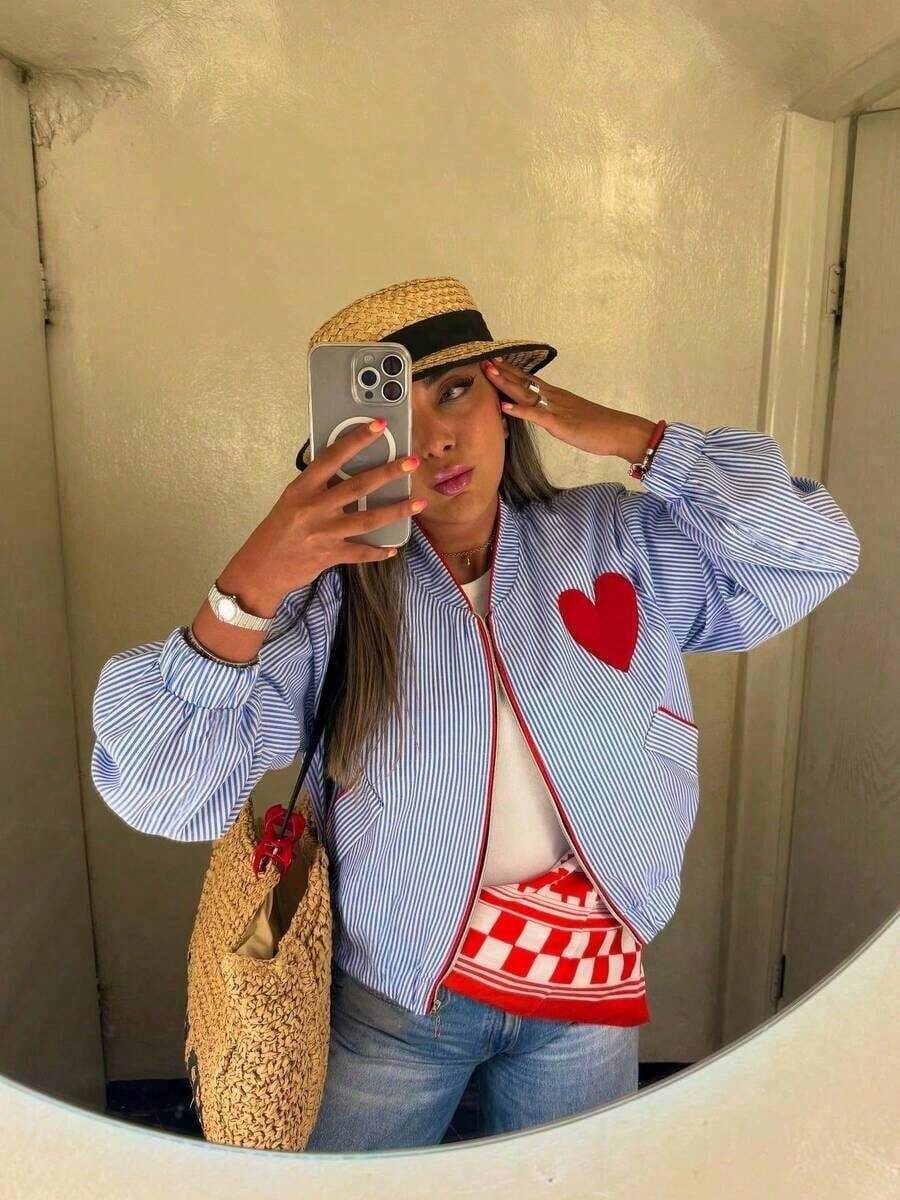 Women's Autumn New Blue Striped Heart Patch Contrast Color Jacket, Casual Commuting Vacation Style Jacket - 藍色 - 查看 1