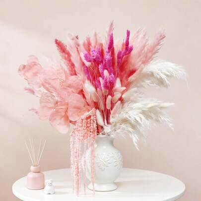 70支干蒲苇花束，蓬松的干花，带有紫红色兔尾，适合插花、家居婚礼餐桌装饰、女孩房装饰、插花（粉色）