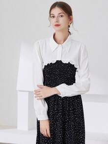 1pc Women's Casual Solid White Button Ruffle Collar Long Sleeve Non-Stretch Shawl Collar Blouse, Suitable For Autumn/Winter Vacation And Daily Wear - White - View 8