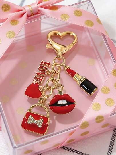 1pc Elegant Alloy Keychain With Retro Rhinestone-Embellished LOVE Letter & Heart Charm Keychain,Red Lip & Bow Design - Valentine'S Day-Inspired - Adorable Metal Round Love Theme Keyring With Delicate Flowers & Heart Decor, Single Individual Piece, Perfect Wedding Festival Gift Or Accessory For Ladies' Handbag