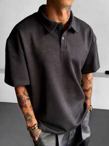 1pc Men's Dark Grey Polo Shirt, Single Button Collar Design, Soft Fleece Fabric, Casual Style, Slim Fit, Suitable For Commuting And Weekend Gatherings - Dark Grey - View 2