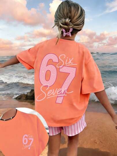 T-shirt met cartoonprint van Star Element Six Seven 67 voor tienermeisjes, geschikt voor buitensporten, casual kleding, streetstyle, campusstijl, een modieuze en veelzijdige top voor de lente/zomer.